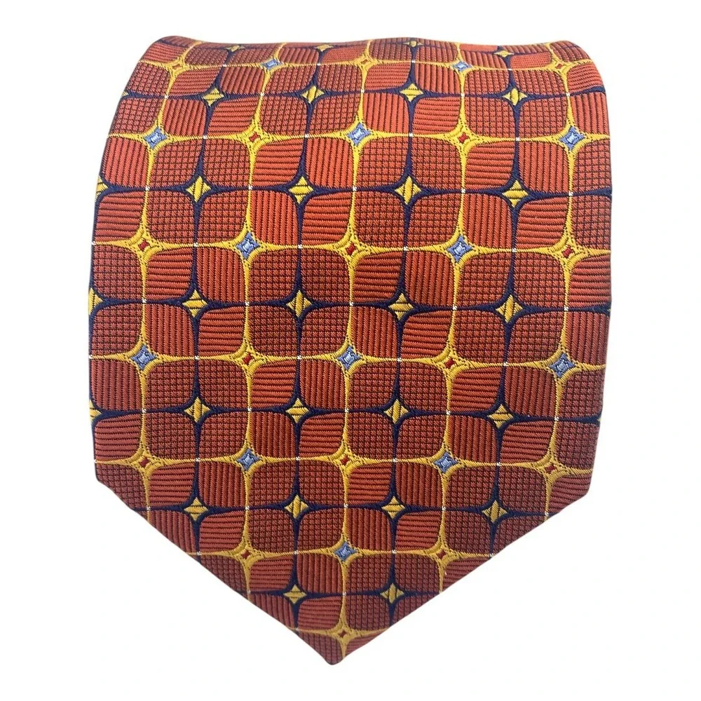 Jos A Bank Signature Collection Silk Tie Geometric‎ Pattern Bronze Yellow Blue